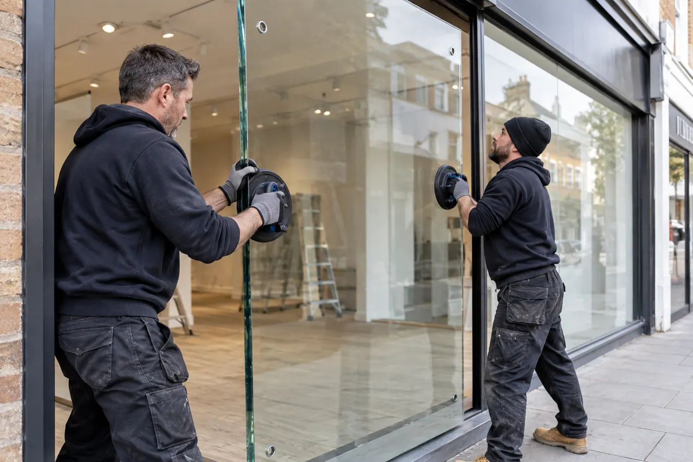 Illustrative Safety Film Inspections scene: British glaziers fitting toughened shopfront glass.